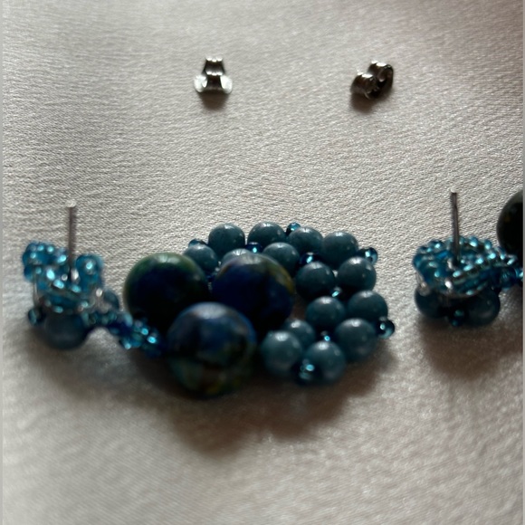 Hand crafted Beaded Stud Earrings Denim Lapis and Chrysocolla beads 2 inches - Picture 4 of 5